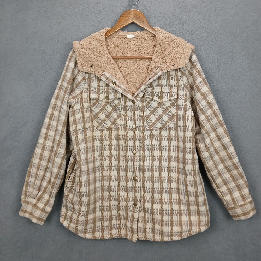Asvivid Jacket‎ Womens Medium Tan Beige Plaid Fleece Lined Hooded Snap Front